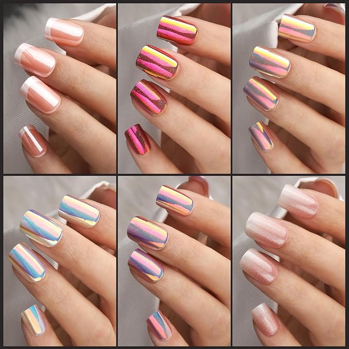 FANDAMEI Press on Nails, 6 Colors Chrome Press on Nails Short, Cat Eye Nails Short Round, Natural Fake Nails with Chrome Mirror Effect, Super Shiny Ombre, Glossy for Women with Salon Quality