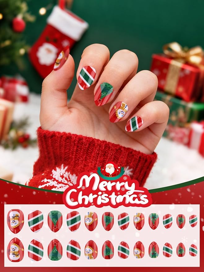 EBANKU Christmas 24 Pieces Press on Nails Kids, Christmas Tree Fake Nail Short Artificial False Nail Kits With Nail Tools for Girls