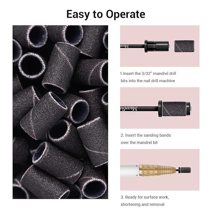 MelodySusie Crystal Top Mandrel Bit for Nails, 3/32'' Easy Off Nail Drill Bits for Sanding Bands, Suitable for Acrylic Nails Gel Manicures and Pedicures, Black