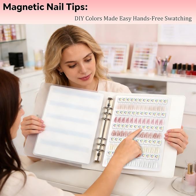 60 Magnetic Nail Swatch Book,Leather Nail Color Display Book with 72 Magnetic Tips & Number Labels,Professional Nail Salon Color Display Book for Easy Preview & Storage White