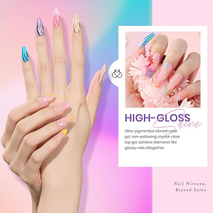 Beetles Rainbow Gel Polish Set, 20 Colors Glitter Pink Red Green Blue Bright Rainbow Collection Colorful Gel Polish Nails Sparkle Gel Base Glossy & Matte Top Coat UV Gel Spring Gift for Women & Girls