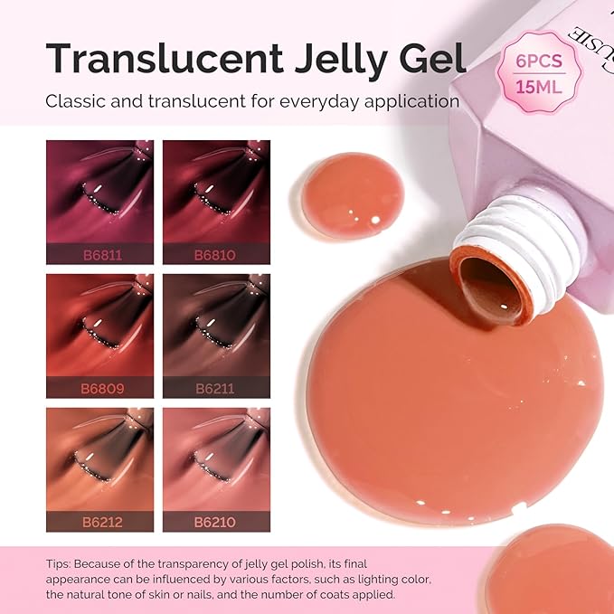 MelodySusie Jelly Gel Nail Polish Set,6 Transparent Colors,Milky or Jelly Texture,Rose Red Colors Soak Off UV LED Light Cure or Salon Manicure and Nail Art DIY at Home 15ML 0.3Fl Oz