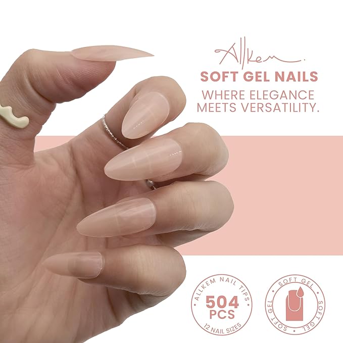 Allkem Soft Gel Nail Tips - Almond extra short Nail Extensions Kit - 12 Sizes Long Full Cover Nails - Nude (504 Pieces)