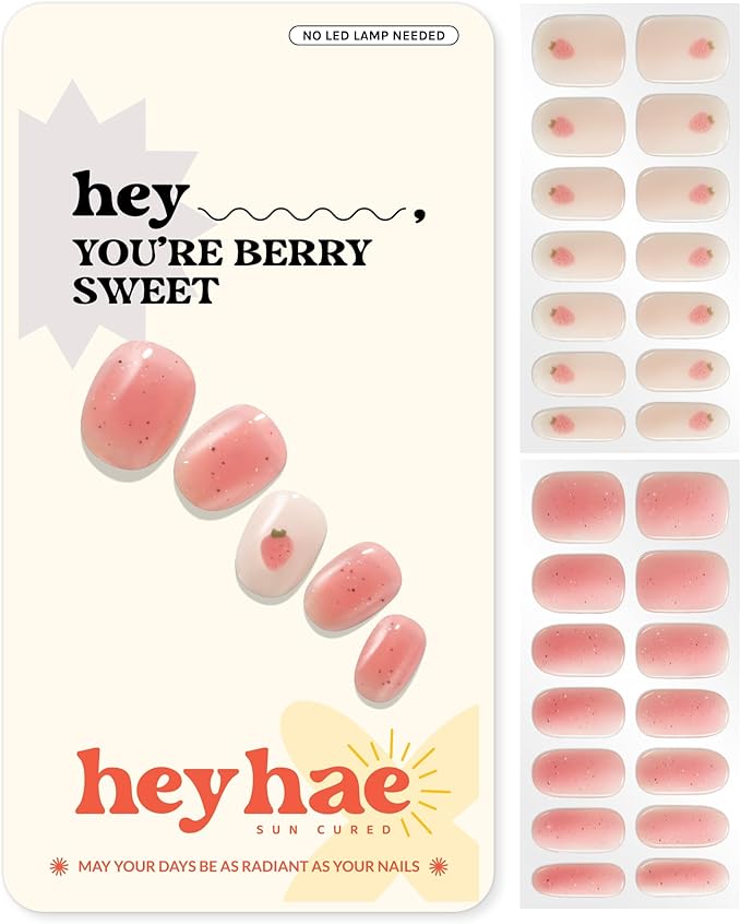 Heyhae Semi Cured Gel Nail Strips | No LED Lamp Needed | Glitter, Pink, Spring | Easy Apply & Remove, Salon Quality |Includes 28 Strips, 1 Prep Pads, Nail File & Wooden stick - Hey, You're Berry Sweet