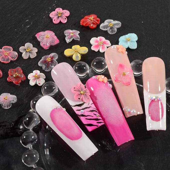 30PCS 3D Handmade Flower Nail Art Charms Advanced Handcrafted Cherry Blossom Flower Colorful Sculpted Floral Nails with Rhinestone Caviar Beads Design for Women Profession Nail Art Craft Jewelry