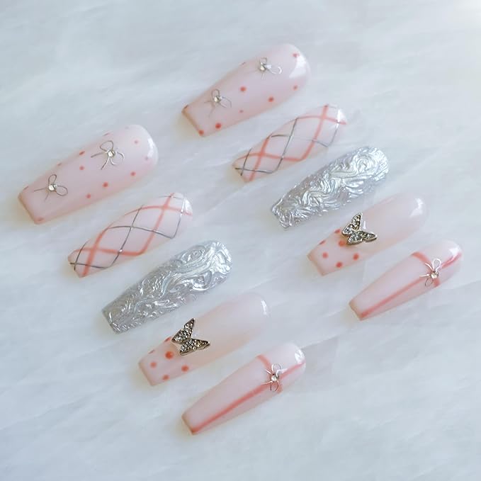 Press-on Nails, Long Ballerina Style, Pink with 3D Silver Butterfly and Bow Design, Handmade False Nail 10 Pieces (Large,LB)