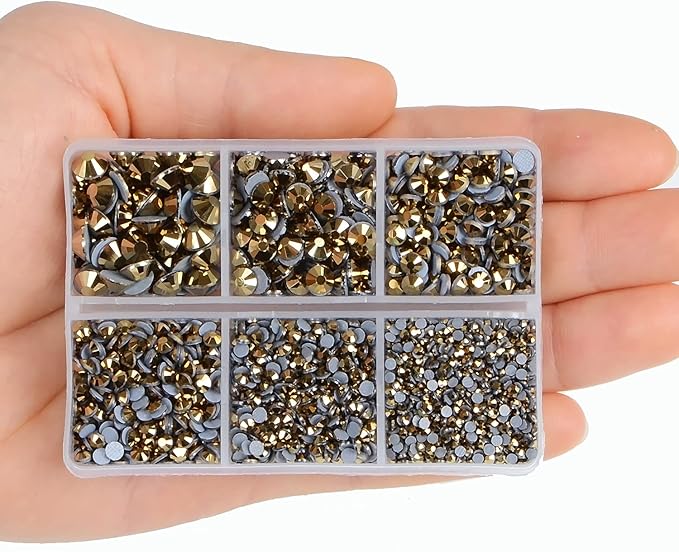 4000Pcs Mixed Size Hot Fix Round Crystals Gems Glass Stones Hotfix Flat Back Rhinestones (Mine Gold)