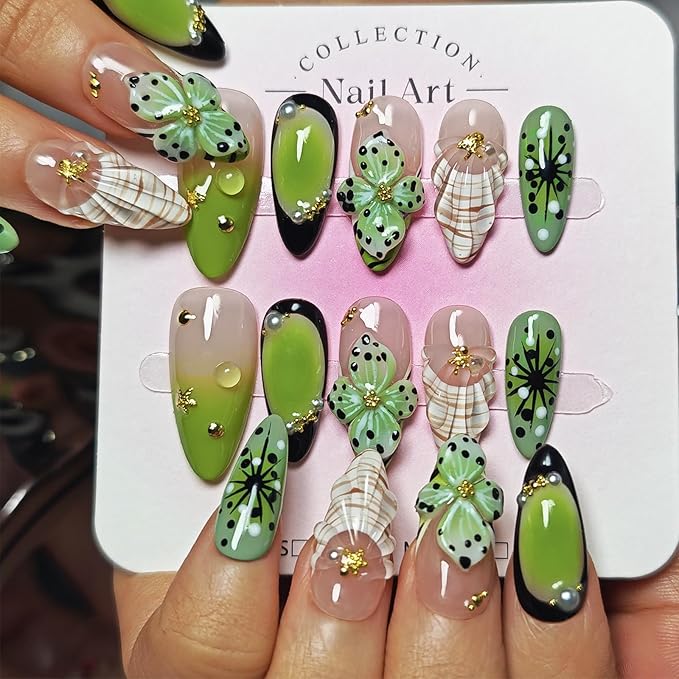Handmade Acrylic Press On Nails Almond, 3D Press On Nails Medium, 3D Green Nails French Tip Flower Bubble Preal For Women Gift, Reusable Stick On Fake Nails Kit With Nail Glue (Floral Oasis-L)