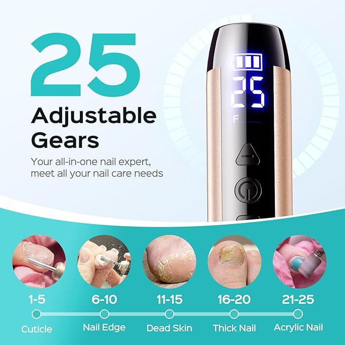 COSLUS C51 Electric Cordless Nail Drill: Professional Nail File with LED Screen & 25 Speeds for Acrylic Gel Dip Powder Removal, Beginner-Friendly for Home DIY & Salon, Portable for Travel, Gold