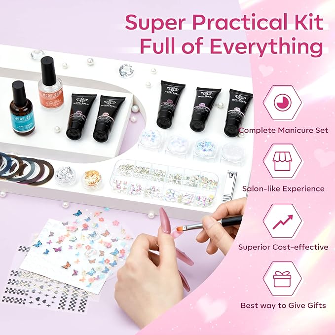 Modelones Poly Nail Gel Kit 8 Rosy Pink Colors with 48W U V/LED Lamp Poly Extension Gel Complete Nail Art Tools Professional Starter Manicure Kit Supplies Rhinestone Glitters Beauty Gift DIY at Home