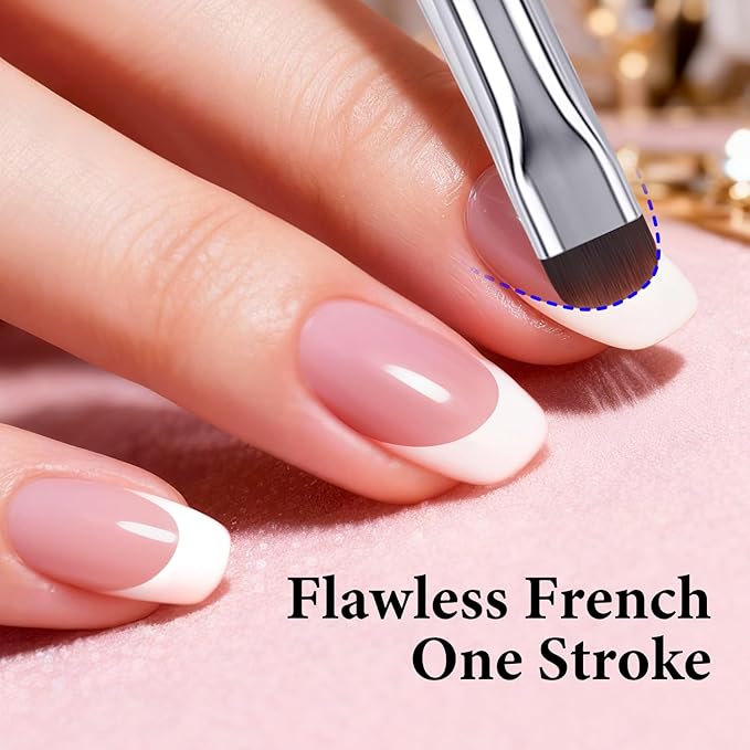 French Brush for Nails & Gel Polish Clean Up, Dual-Use Metal Handle Nail Art Brush with Cap for French Tips, Acrylic, Polygel | Professional Manicure Tool (Gold)