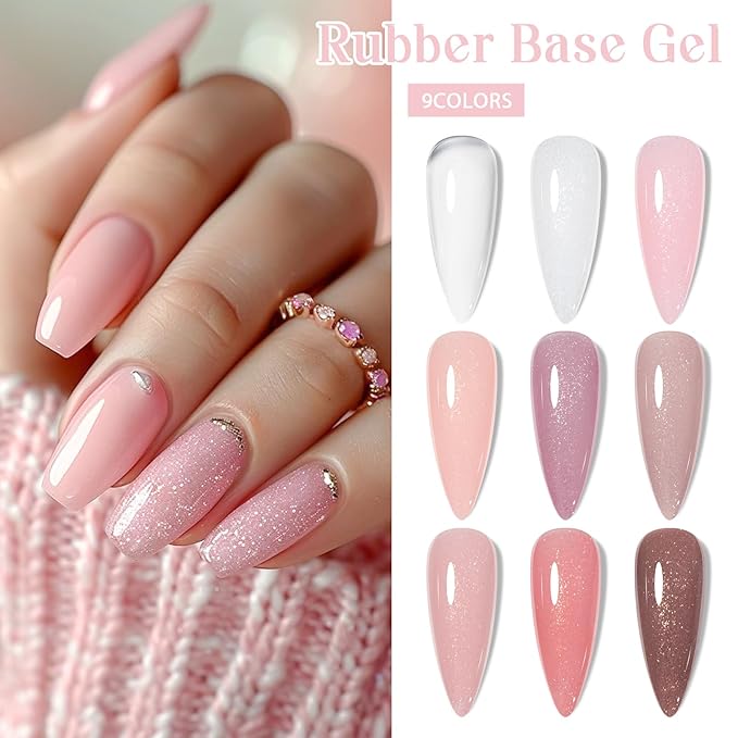MEET ACROSS Rubber Gel Base Coat for Nails, 12Pcs Jelly Rubber Base Gel Polish for Nails Shiny Nude Sheer White Pink Long Lasting Protect Soak Off U V LED Builder Gel For Thin Weak Nails