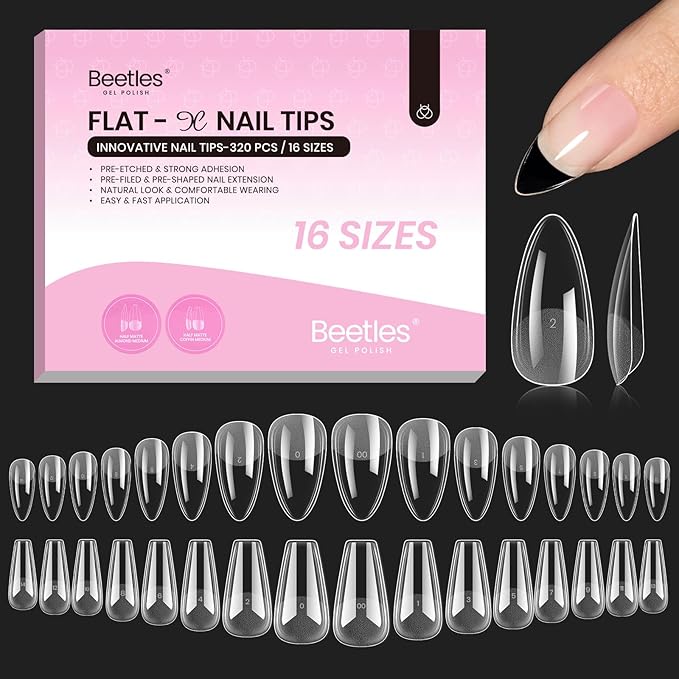 Beetles Gel Nail Tips Flat-X - Almond Coffin Medium, 320pcs 16 Sizes, Pre-Etched Half Matte Full Cover Soft Acrylic False Nail Tips Easy DIY Press on Nail Extension Salon for Flat & Natural Nail Beds