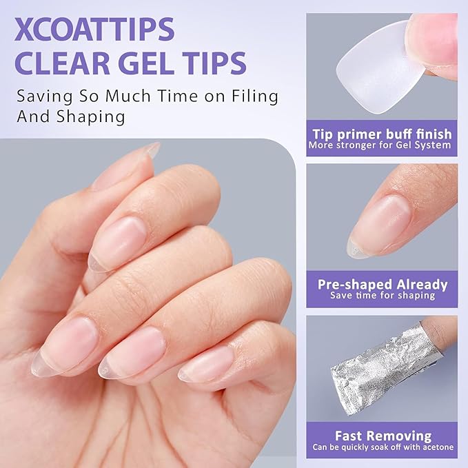 BTArtbox Short Almond Nail Tips - Natural Short Fake Nails with Tip Primer Full Cover, Stronger Nail Adhesion, Clear Soft Gel Nail Tips for Nail Extensions DIY Art