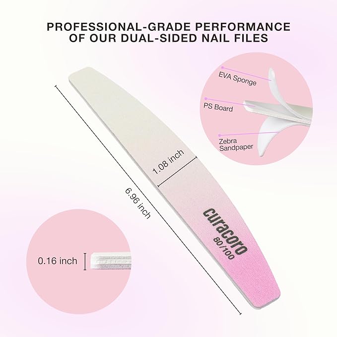 Curacoro 10 PCS Nail File - Professional Half-Moon Nail Files Double Sided Emery Board (80/100 Grit), Washable Nail Files and Buffers, Smooths & Shapes Nails, Manicure & Pedicure Buffing Tools