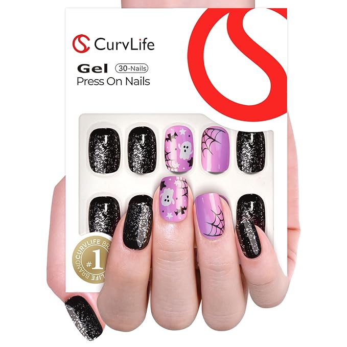 Curvlife Press on Nails Acrylic Halloween Fake Nails with Design Full Cover False Nails Reusable Nail Kit with Nail Glue AdhesiveTabs Artificial Glue on Nails