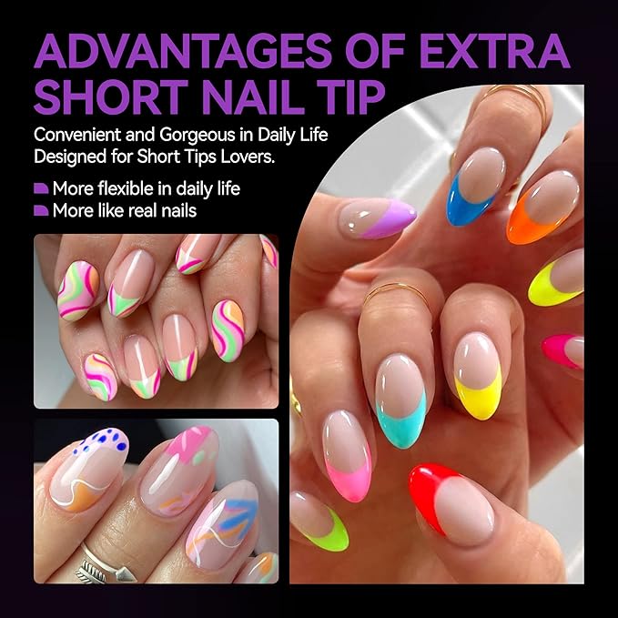 Gelike ec Extra Short Almond Nail Tips: 120PCS Soft Gel Tips for Full Cover Gel Nail Tips Pre Etched - PMMA Resin Clear False Nails 12 Sizes for Girls