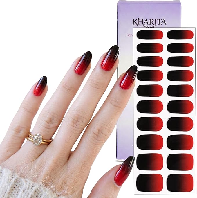 Semi Cured Gel Nail Strips – Real Gel Nail Polish Wraps for Brittle Nails | Long Lasting Easy Peel-Off Removal | Hema-Free | 20-Piece Red Black Ombre Salon Sticker Kit with File & Stick