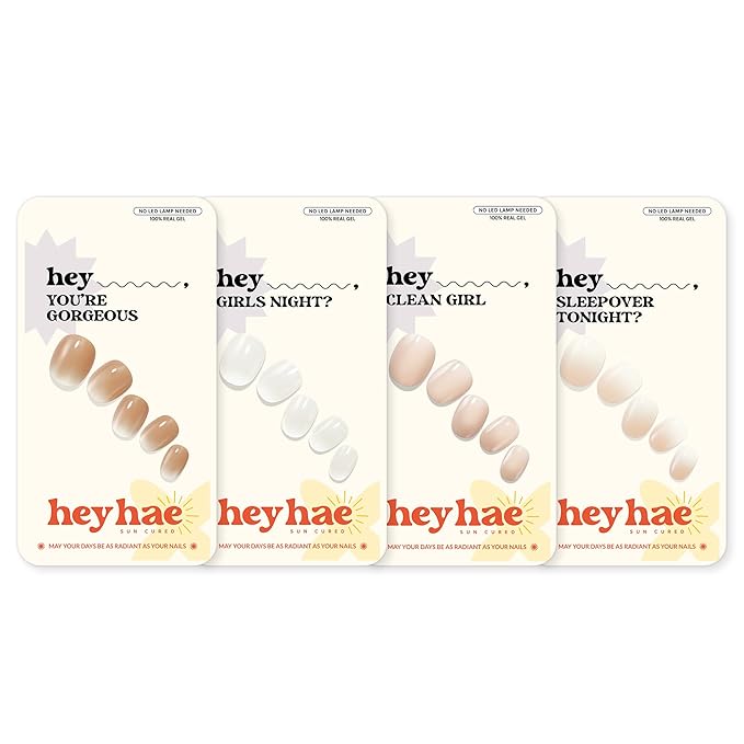 Heyhae Semi Cured Gel Nail Strips Assorted Bundle (4 Pack) | No LED Lamp Needed | Easy Apply & Remove, Salon Quality | Includes Strips, Prep Pads, Nail Files & Wooden Sticks - Everyday Essentials