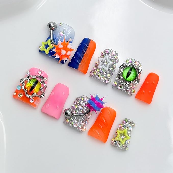 Handmade Press on Nails Short Duck Fake Nails Orange False Nails with Glue,Muti-Layer Gel Thick Press ons Nail Luxury Rhinestone Design Reusable Acrylic Nails for Women(Size S)