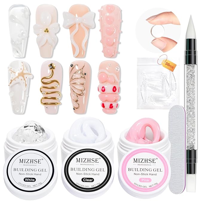 MIZHSE Solid Builder Gel for nails, 3 Colors Sculpting Gel for Nails, Clear White Pink Non-Sticky Hand 3D Nail Art Building Carving Modeling Hard Nail Extension Manicure Salon Home DIY Gift