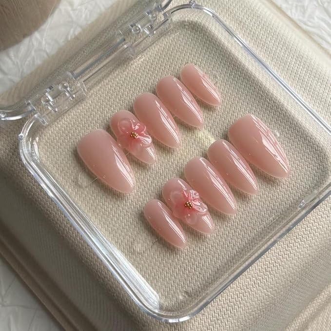 Press On Nails Medium Almond Shape False Nails, Handmade Acrylic Gel Fake Nails with Art Designs, Reusable 10 Pcs 3D Nails for Women DIY Manicure Kit