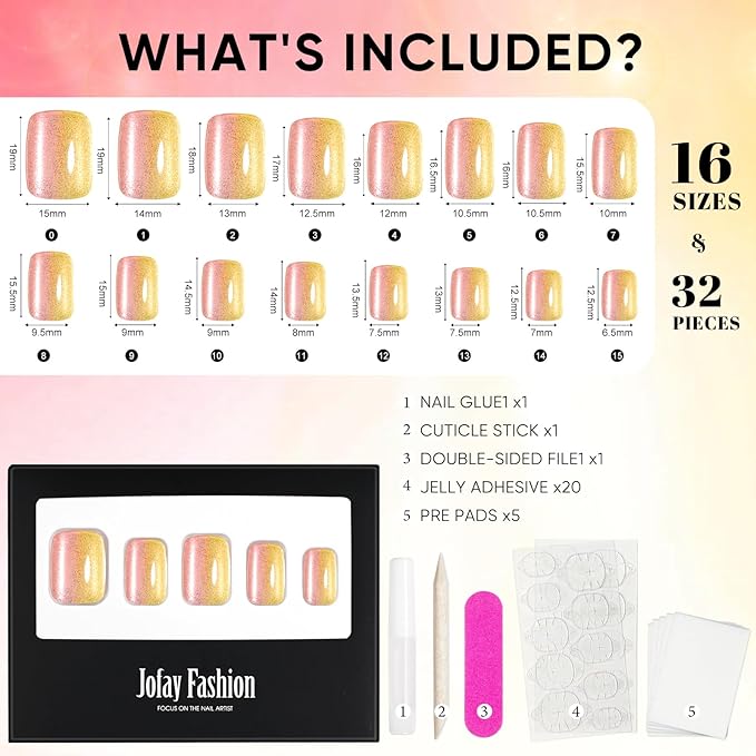 Press on Nails Short, Jofay Fashion Fake Nails, Two-color Ombre Cat Eye Press on Nails, Summer Acrylic False Nails, Reusable Stick on Nails for Women Girls, Glue on Nails Kit 32 Pcs, Sunny Beach