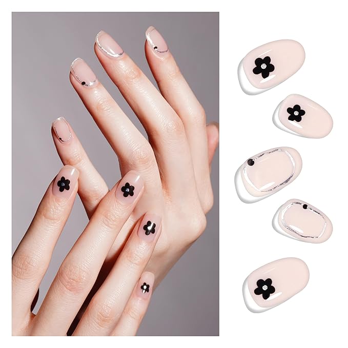 DANNI & TONI Semi Cured Gel Nail Strips Black Flowers (Floral Glint) Nude Gel Nail Wraps UV Nails 28 Stickers Gift for Women