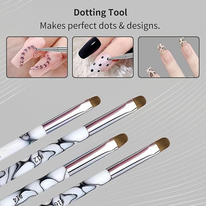 4Pcs French Tip Brush, Double-Ended French Brushes for Nails with Dotting Tool, Clean Up Brush for Gel Nail Polish, Size 10/12/14/16, Acrylic Nail Art Brushes, Manicure Tools for Nail Design-White
