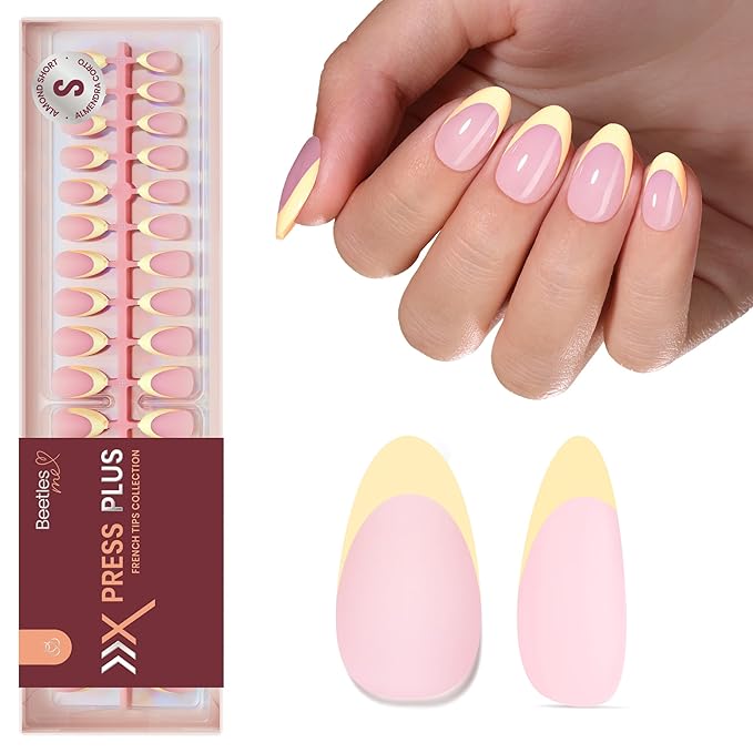Beetles Yellow French Tips Press On Nails, Pastel Spring Press On Nails Short Almond 160 Pcs, Yellow Fake Nail Tips Soft Nail Gel False Nails Art DIY For Women