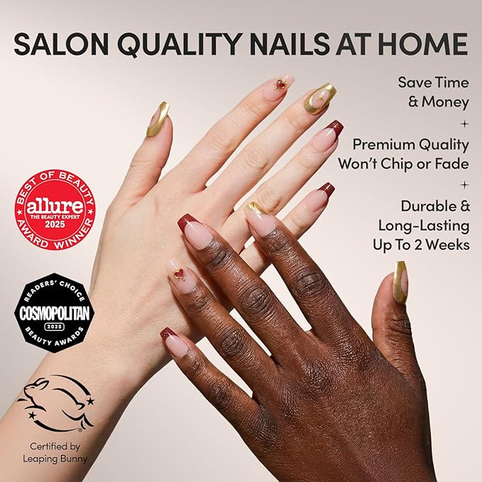 Valentines Day Glamnetic Press On Nails - Queen of Hearts | Medium Coffin Fake Nails with a Sheer Base, 3D Gold Metallic Designs and Deep Red French Tips | 15 Sizes - 30 Nail Kit with Glue
