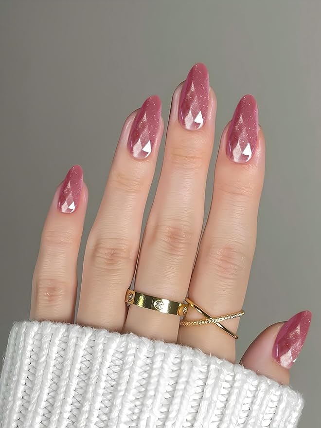 Medium Press on Nails Almond Diamond Fake Nails Elegant False Nail Pink Stick on Nails for Women 24pcs