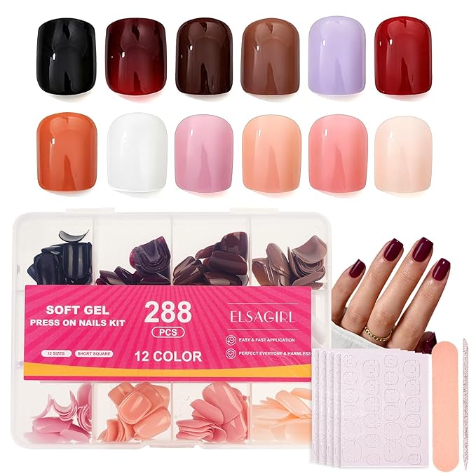 12 Solid Colors Press on Nails Short Round, 12Size 288PCS Full Cover Fake Nails with Nail Tabs for Small Nails and hands, Easy Application for Daily Wear