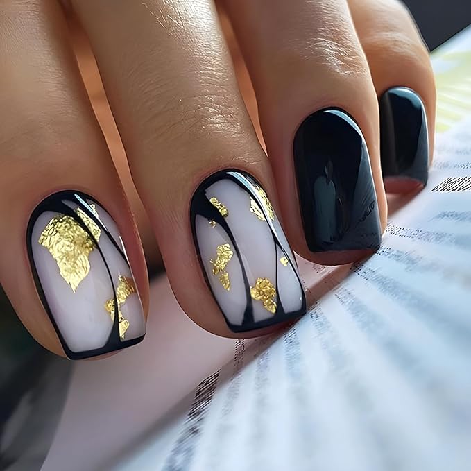 Square Press on Nails Short Fake Nails with Designs Gold Foil Stick on Nail Black French Acrylic False Nail Glossy Artificial Nail Full Cover Glue on Nails for Women 24Pcs