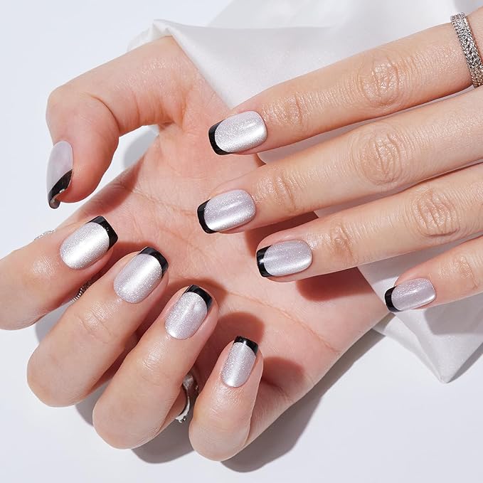 French Tip Press On Nails - Short Square Cat Eye Fake Nails with Nail Glue, Natural Fit Silver Stick On Nails in 16 Sizes - 32 Soft Gel Glue On Nails Kit, Silver
