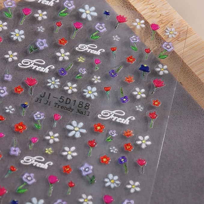 Flower Nail Stickers for Nail Art Flowers Nail Art Stickers Summer Floral Bouquet 5D Embossed Nail Decals Self-Adhesive Nails Supply Manicure Sliders Flower for Nails Decoration 4 Sheets