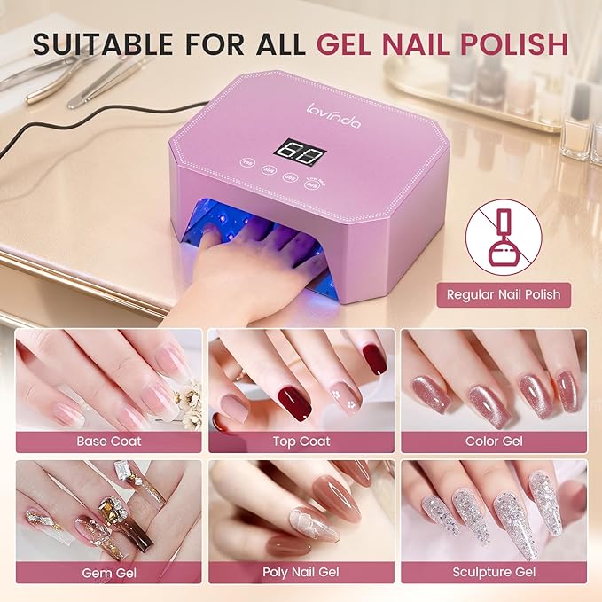 Lavinda 54W UV LED Nail Lamp – Plug-in Gel Nail Light with LCD Display, 4 Timers, Auto Sensor, Dual Wavelength, Nail Dryer for Home & Salon Pink