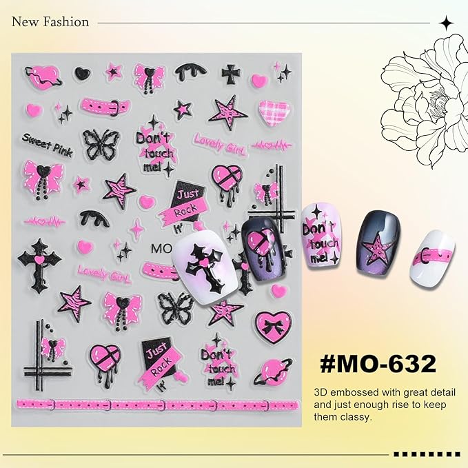 3 Sheets Rock Nail Stickers for Nail Art Adorable Cool Pink Bow Heart Cross Butterfly Evil Eye Designs 3D Embossed Self Adhesive Nail Decals for Women DIY Manicure Decoration YX1235