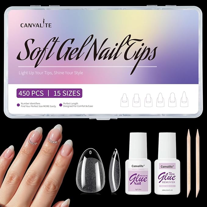 Canvalite 450Pcs Almond Press on Nails Kit with Nail Glue & Remover - Acrylic Gel Nail Tips for Extensions, 15 Sizes Full Cover False Nails, Half Matte & Glossy Finish, DIY at Home & Salon Use