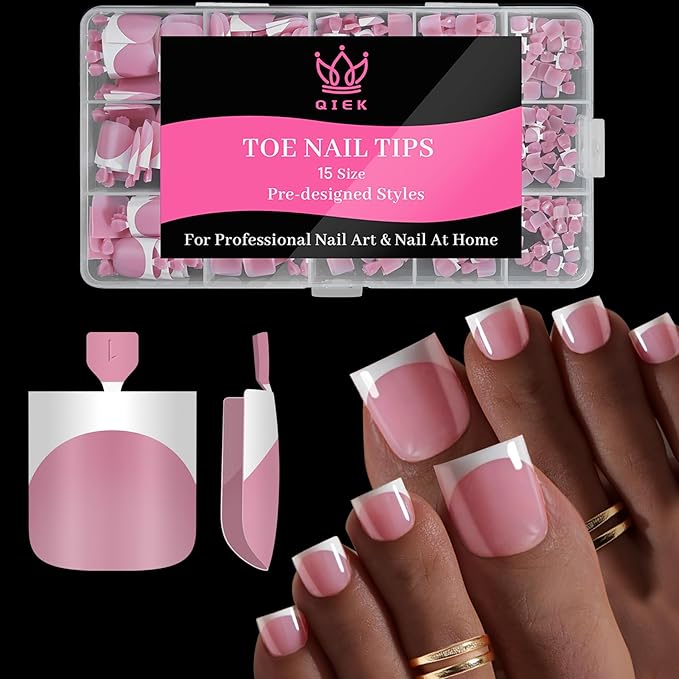 Toe Nails Press On French Tips for Women, 15 Sizes 150 Pcs Sharp Square Pre-applied Primer & Base Coat Toenail Press Ons Baby Pink Full Cover Fake Tips Extension, Builder Nail Gel & Top Coat Required