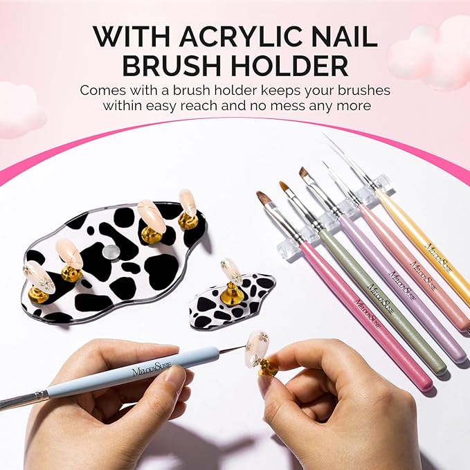 MelodySusie Update Nail Stand for Press Ons, 2 Spotted Cloud Magnetic Bases for Practice Painting Display Practice with Brush Holder and Reusable Double-Sided Tape for Home DIY Salon Supplies