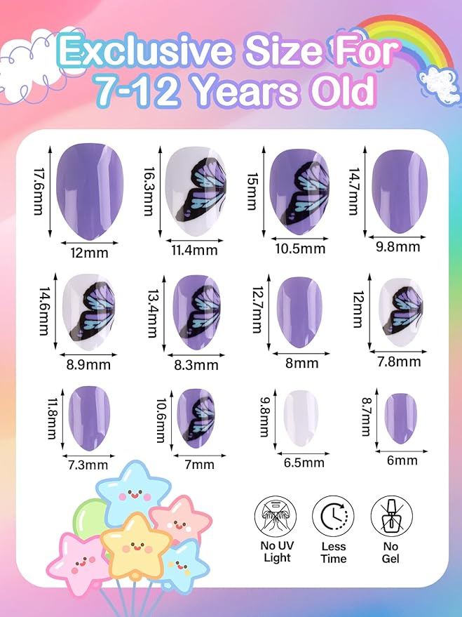 EBANKU 72Pcs Press on Nail Kid, Butterfly Flower Fake Nails for Kids Colorful Press on Nail Short Artificial False Nail Kits for Nail DIY