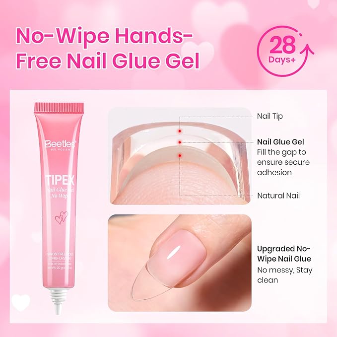 Beetles Tipex Lite Heart Cutout Nail Kit, Pre-Built Apex Almond & Stiletto Medium Nail Tips 192pcs, Gel Nail Starter Set with UV Lamp, Base & Top Coat, Glue Gel, 6 Colors for DIY Art