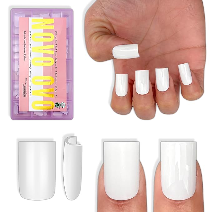 NOVO OVO Short Sharp Square Nail Tips Press on Pure Color White, Need Builder Gel Top Coat Nail Glue, Soft Gel Matte Fake Nail Extension, Full Cover False Nails for Salon DIY x 15 Sizes 180 pcs