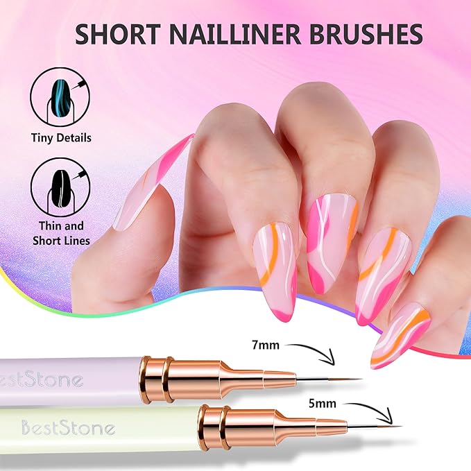Nail Art Liner Brushes, 5Pcs Professional Gel Polish Painting Art Design Pen Set for Long Lines, Thin Details, Fine Drawing Sizes 5/7/9/11/20mm Nail Art Design Gift for Women(Multicolor)