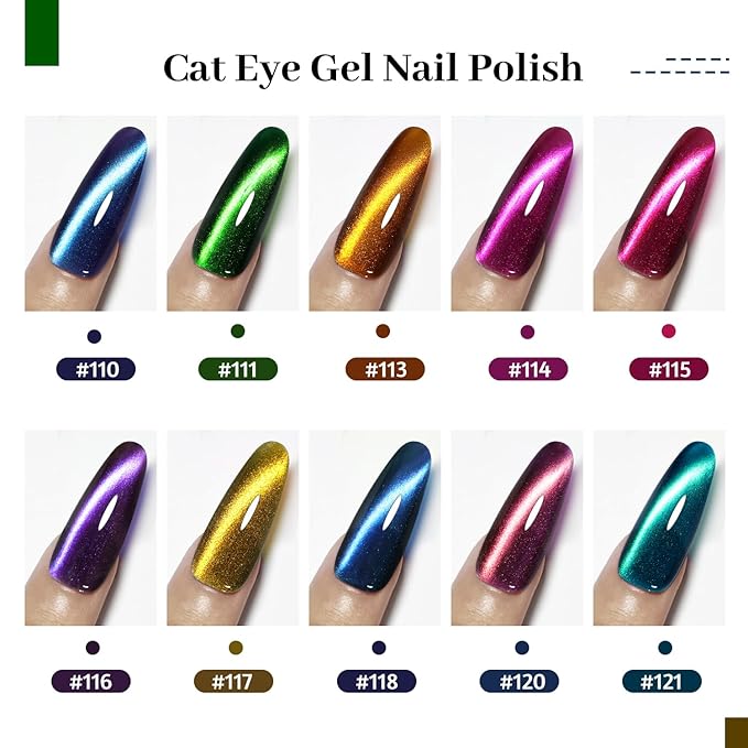JODSONE Cat Eye Gel Nail Polish 10 Colors Blue Green Red with Base Coat Top Coat Magnet Stick Glazed Amber Cat Eye Gel for Home DIY