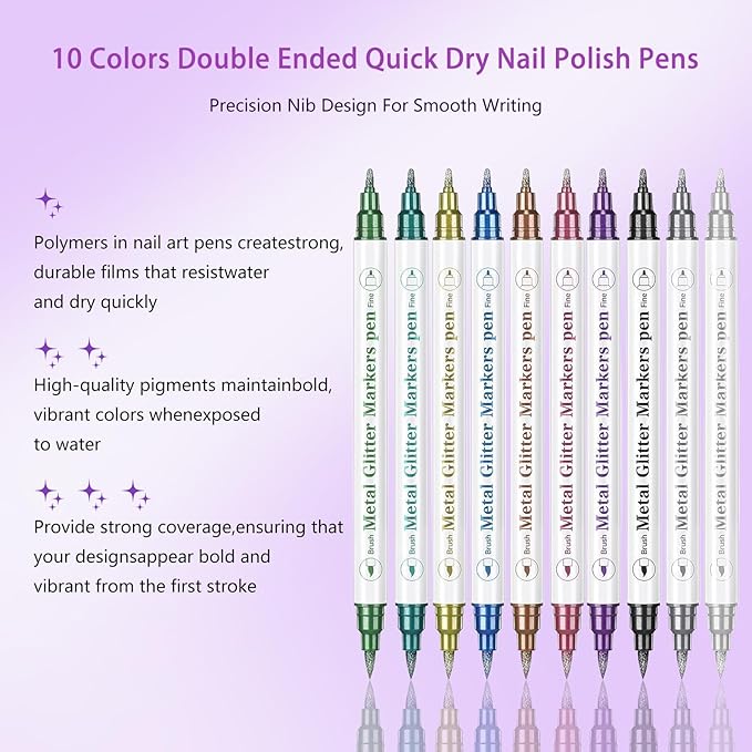 10 Colors Nail Art Pens Set, Metal Giltter 3D Nail Marker Double-ended Nail Point Dotting Pen,Drawing Painting Liner Brush for DIY Nail Manicure Tools for Home Salon Beginners (10 Colors - A)