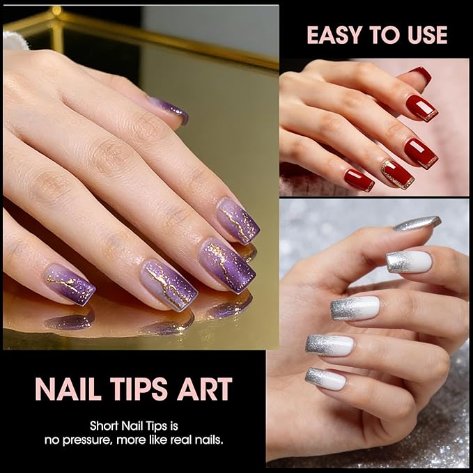 Buqikma Short Nail Tips - 1000PCS French Style Square Tips for Acrylic Nails Half Cover with Case for Salon (Clear+Natural)