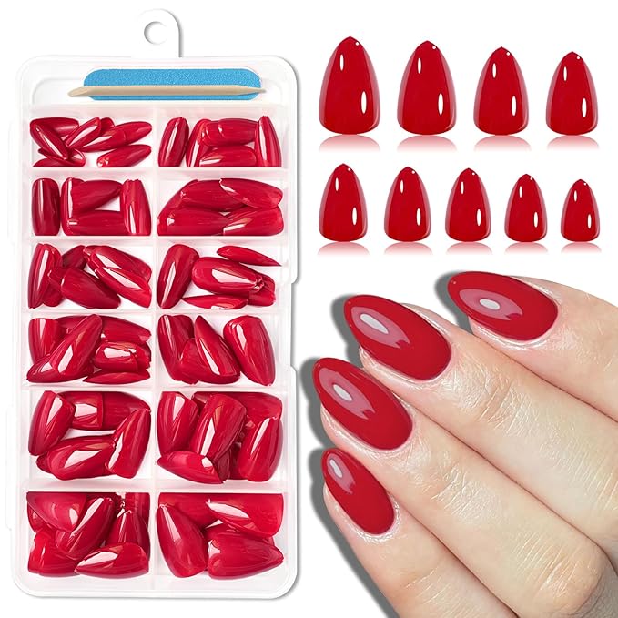 120pc Red Almond Press on Nails Short Fake Nails Press ons for Women Acrylic Nails Press on Nails&Glue Tabs, Short Red Press on Nails Almond False Nail Tip Stick on Artificial Fingernail