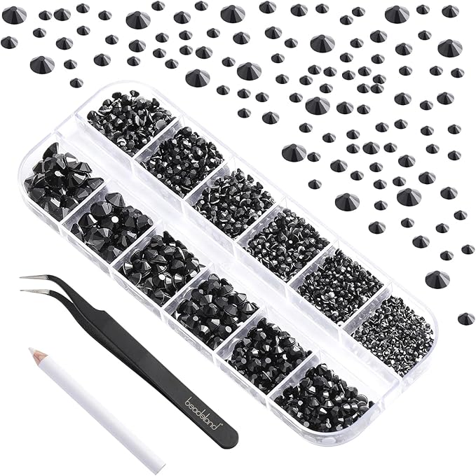 Beadsland Rhinestones for Makeup,8 Sizes 2500pcs Black Flatback Rhinestones Face Gems for Nails Crafts with Tweezers and Wax Pencil,Black,SS4-SS30